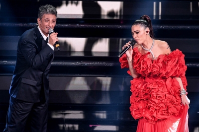 Italian showman Rosario Fiorello and Italian singer Elodie on stage at the Ariston theatre during the 71st Sanremo Italian Song Festival, Sanremo, Italy, 03 March 2021. The festival runs from 02 to 06 March. ANSA/ETTORE FERRARI